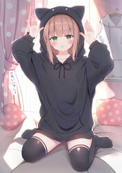  animal_hood bangs bed_sheet blonde_hair blunt_bangs blush bunny_hood bunny_pose collarbone commentary_request curtains eyebrows_visible_through_hair female green_eyes heart heart_pillow hood hood_up hoodie long_hair long_sleeves looking_at_viewer no_shoes on_bed original pillow reward_available sashima sitting solo thighhighs tongue tongue_out wariza 