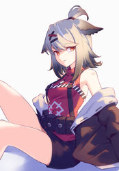  animal_ears arknights bare_shoulders black_jacket black_skirt breasts chinese_commentary commentary_request cutter_(arknights) female grey_hair hair_ornament hairclip half_updo highres jacket ling_huanxiang looking_at_viewer medium_breasts miniskirt off_shoulder orange_eyes pencil_skirt red_shirt shadow shirt short_hair sitting skirt sleeveless sleeveless_shirt solo thighs topknot x_hair_ornament 