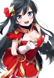  absurdres bad_id bad_pixiv_id belt_buckle black_eyes black_hair breasts buckle cleavage commentary_request dress epaulettes female grey_eyes highres long_hair love_live! love_live!_nijigasaki_high_school_idol_club one_side_up open_mouth pleated_dress red_dress simple_background solo totoki86 white_background yuki_setsuna_(love_live!) 