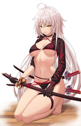  ahoge barefoot bikini black_bikini breasts choker cleavage commentary_request fate/grand_order fate_(series) female gloves hair_between_eyes highres jacket jeanne_d&#039;arc_alter_(fate) jeanne_d&#039;arc_alter_(swimsuit_berserker)_(fate) ju-ok katana kneeling large_breasts long_hair looking_at_viewer o-ring o-ring_bikini photoshop_(medium) shrug_(clothing) sleeves_rolled_up solo swimsuit sword very_long_hair weapon white_hair yellow_eyes 