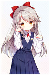  :3 blue_dress blush bow braid brown_eyes brown_hair chinese_commentary closed_mouth collared_shirt commentary_request dress dress_shirt female hair_between_eyes hairbow hands_up long_hair long_sleeves looking_at_viewer ning_hai_(warship_girls_r) paw_pose pleated_dress red_bow school_uniform shirt sleeveless sleeveless_dress sleeves_past_wrists solo tengxiang_lingnai very_long_hair warship_girls_r white_shirt 