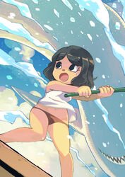  animal_crossing bare_arms bare_shoulders bikini bikini_bottom_only black_hair blue_eyes blue_sky breasts cloud eyelashes female fish fishing fishing_rod highres holding holding_fishing_rod medium_breasts muramasa_mikado murana_(muramasa_mikado) open_mouth orange_bikini outdoors shark shirt short_hair sky sleeveless sleeveless_shirt solo standing swept_bangs swimsuit villager_(animal_crossing) white_shirt 