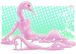  6_fingers absurd_res cawbaret fingers goo_creature hi_res liquid melting nude pecs pinup pose puddle reptile scalie slime smile snake solo tail tongue watermark yellow_eyes 