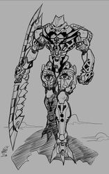  5_fingers ambiguous_gender armor bionicle brutaka claws digital_drawing_(artwork) digital_media_(artwork) double_sword ethandoesathing fingers hi_res holding_object humanoid large_weapon lego lego_brick living_machine machine mask melee_weapon monochrome mouthless not_furry robot robot_humanoid simple_background solo standing toe_claws weapon 