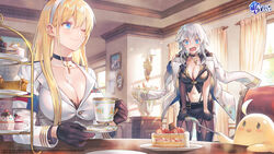  2girls ;) absurdres azur_lane bird black_gloves black_shirt black_skirt blonde_hair breasts brown_pantyhose cake cake_slice chick choker cleavage collarbone commentary crop_top cup cupcake curtains food fork gloves hairband highres holding indoors jacket jacket_on_shoulders jewelry lamp large_breasts lino_chang long_hair long_sleeves manjuu_(azur_lane) midriff military military_uniform miniskirt mole mole_on_breast mug multiple_girls navel necklace north_carolina_(azur_lane) official_art one_eye_closed open_mouth pantyhose pencil_skirt picture_frame plate saucer second-party_source shirt skirt smile steam stomach suspenders thighhighs tiered_tray uniform v-shaped_eyebrows vase washington_(azur_lane) wavy_mouth white_hair white_jacket window 