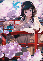  :d black_eyes black_hair blurry bridge cherry_blossoms commentary depth_of_field female flower highres hyuuga_azuri jacket jacket_on_shoulders leaning_forward light_rays long_hair long_skirt looking_at_viewer open_clothes open_jacket open_mouth original outdoors petals pink_flower shirt skirt smile solo standing sunbeam sunlight white_shirt yellow_jacket 