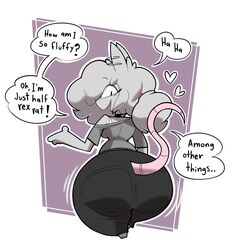  2023 anthro ass big_butt bottom_heavy breasts butt_focus dialogue digital_media_(artwork) elisa_(maddeku) english_text fancy_rat female fluffy fluffy_hair fur grey_body grey_fur hair hi_res huge_butt huge_hips huge_thighs hyper hyper_butt looking_at_viewer maddeku mammal murid murine rat rear_view rodent small_waist solo species_in_dialogue stated_species text thick_thighs wide_hips 