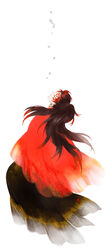  1boy air_bubble amore1989 bad_id bad_pixiv_id black_hakama brown_hair bubble closed_eyes coat colored_tips earrings facial_mark facing_up fish full_body goldfish hakama haori highres japanese_clothes jewelry kimetsu_no_yaiba long_hair male_focus multicolored_hair ponytail profile red_coat red_hair simple_background solo streaked_hair tsugikuni_yoriichi white_background 