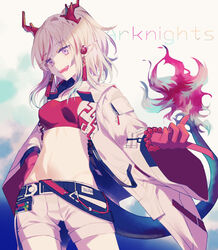  :d arknights bandeau bead_bracelet beads bracelet breasts character_name coat commentary_request copyright_name cowboy_shot female grey_background half_updo hand_on_own_hip head_tilt highres horns idass_(idass16) jewelry long_sleeves medium_breasts midriff multicolored_hair navel nian_(arknights) open_clothes open_coat open_mouth partial_commentary pointy_ears purple_eyes red_bandeau red_hair red_tube_top short_hair short_shorts shorts smile solo standing stomach strapless streaked_hair tail tube_top white_coat white_hair white_shorts wide_sleeves 