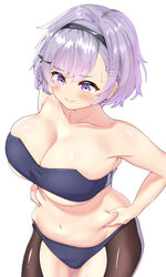  absurdres ass azur_lane bandeau belly belly_grab black_bra black_hairband black_panties black_pantyhose blush bra breasts collarbone crotchless crotchless_pantyhose curvy eyelashes false_smile female from_above groin hairband highres huge_breasts large_breasts light_purple_hair looking_down navel panties pantyhose parted_hair plump purple_eyes reno_(azur_lane) smile solo strapless trembling underwear underwear_only ushimittsu weighing_scale weight_conscious weight_gain 