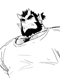  1boy alternate_costume bara beard blue_oni_(saltypoundcake) chest_hair chest_hair_peek covered_nipples facial_hair from_below greyscale horns large_pectorals male_focus mature_male monochrome monster_boy muscular muscular_male oerba_yun_fang oni oni_horns original pectorals pointy_ears saltypoundcake shirt short_hair solo thick_chest_hair thick_eyebrows tied_hair upper_body 