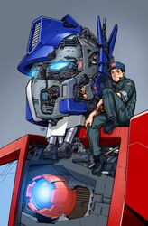  2boys autobot baseball_cap black_eyes blue_eyes blue_headwear brown_hair clip_studio_paint_(medium) e.j._su english_commentary glowing glowing_eyes grey_background grey_jumpsuit hat highres holding holding_screwdriver jumpsuit machinery male_focus matrix_of_leadership mecha multiple_boys on_mecha on_shoulder optimus_prime robot science_fiction screwdriver sitting transformers 