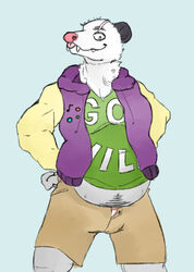  2017 american_opossum anthro belly blue_background bottomwear brown_bottomwear brown_clothing clothed clothing digital_drawing_(artwork) digital_media_(artwork) english_text fangs front_view fur green_clothing green_topwear hand_on_hip hi_res hoodie looking_at_viewer male mammal marsupial midriff muffin_top musical_note neck_tuft nobodyshouse open_clothing pin_accessory portrait purple_clothing purple_topwear scar sharp_teeth shirt shorts simple_background slightly_chubby smile solo standing teeth text text_on_clothing text_on_shirt text_on_topwear three-quarter_portrait tongue tongue_out topwear tuft unbuttoned underwear virginia_opossum white_body white_fur 