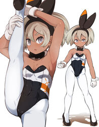  adapted_costume armpits bea_(pokemon) black_leotard blonde_hair bow_hairband breasts cleavage clenched_hands closed_mouth commentary_request covered_abs dark_skin detached_collar eyelashes female frown garoudo_(kadouhan&#039;i) gloves grey_eyes hair_between_eyes hairband high_heels leg_hold leotard looking_at_viewer multiple_views pantyhose playboy_bunny pokemon pokemon_swsh short_hair split standing standing_on_one_leg standing_split steam sweat white_gloves white_pantyhose 