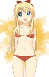  absurdres arms_behind_back ass_visible_through_thighs bare_shoulders bikini blonde_hair blue_eyes bow breasts collarbone female hair_between_eyes hair_censor hair_over_breasts hairbow highres imminent_wardrobe_malfunction long_hair looking_at_viewer muramasa_mikado navel open_mouth red_bikini red_bow small_breasts standing straight-on straight_hair swimsuit toshinou_kyouko wardrobe_malfunction yuru_yuri 