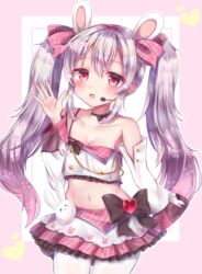  :d absurdres animal_ears azur_lane bad_id bad_pixiv_id baozi bare_shoulders blush bow breasts commentary_request detached_sleeves fake_animal_ears female food hair_between_eyes hairband hairbow hand_up headset heart highres himeno_ame idol jacket laffey_(azur_lane) laffey_(bunny_idol_@unmotivated)_(azur_lane) long_hair long_sleeves looking_at_viewer microphone midriff navel official_alternate_costume open_mouth pantyhose pink_jacket pink_skirt plaid plaid_skirt pleated_skirt rabbit_ears red_eyes ribbon sidelocks simple_background skirt smile solo twintails waving white_hair white_pantyhose 