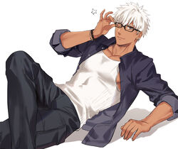  1boy adjusting_eyewear archer_(fate) archer_(summer_casual)_(fate) black-framed_eyewear black_pants bracelet brown_eyes collared_jacket crossed_legs dark-skinned_male dark_skin fate/grand_order fate/stay_night fate_(series) feet_out_of_frame jacket jewelry male_focus okii_(oh_ki_ik) one_eye_closed open_clothes open_jacket pants pectorals sitting smile solo tank_top toned toned_male white_background white_hair white_tank_top 