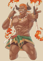  1boy abs anntee bara bare_pectorals blush clothes_around_waist cropped_legs dark-skinned_male dark_skin draph facial_hair facial_tattoo fire goatee granblue_fantasy highres jewelry lantana_(granblue_fantasy) large_pectorals male_focus mature_male muscular muscular_male navel necklace nipples pectorals pointy_ears shirt shirt_around_waist short_hair smile solo stomach tattoo thick_thighs thighs tooth_necklace tribal 