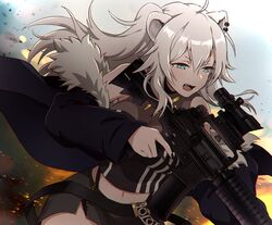  acog action ahoge animal_ears assault_rifle black_jacket black_nails black_shirt blue_eyes breasts cleavage commentary cowboy_shot ear_piercing embers explosion female fingernails floating_hair fur-trimmed_jacket fur_trim grey_hair grey_skirt gun hair_between_eyes holding holding_gun holding_weapon hololive jacket jigoku_meguri lion_ears long_hair long_sleeves m4_carbine medium_breasts midriff miniskirt nail_polish navel oerba_yun_fang off_shoulder open_clothes open_jacket open_mouth piercing rifle see-through see-through_cleavage sharp_fingernails shirt shishiro_botan shishiro_botan_(1st_costume) skirt sleeveless sleeveless_shirt smoke solo striped two_side_up v-shaped_eyebrows vertical_stripes virtual_youtuber weapon zipper_skirt 