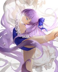  absurdres arched_back arm_up back bad_id bad_pixiv_id ballet bare_shoulders blue_eyes blue_ribbon blush breasts bridal_garter choker collarbone commentary dampi dancing fate/grand_order fate_(series) female frills hair_ribbon highleg highleg_swimsuit highres leg_up long_hair long_sleeves looking_at_viewer meltryllis_(fate) meltryllis_(swimsuit_lancer)_(fate) meltryllis_(swimsuit_lancer)_(second_ascension)_(fate) off-shoulder_one-piece_swimsuit off_shoulder one-piece_swimsuit ponytail puffy_sleeves purple_hair ribbon sleeves_past_fingers sleeves_past_wrists small_breasts solo swimsuit thighs very_long_hair white_background white_ribbon 