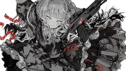  arm_up assault_rifle black_dress blunt_bangs cable commentary dress explosive female frilled_dress frills grenade gun highres holding holding_gun holding_weapon knife long_hair long_sleeves original parted_lips rifle simple_background solo tekito_midori very_long_hair weapon white_background white_hair 