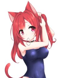  absurdres animal_ears azur_lane blue_one-piece_swimsuit breasts cat_ears cat_girl cat_tail comb covered_navel covered_nipples cowboy_shot female highres i-19_(azur_lane) kinomiki_nobori long_hair medium_breasts one-piece_swimsuit oppai_loli red_hair school_swimsuit simple_background solo swimsuit tail tail_ornament transparent_background 