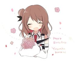  brown_hair character_name female flower gloves hachimitsu_honey hair_bun hair_ornament happy_birthday hitotose_tanteidan looking_at_viewer multicolored_hair necktie red_necktie school_uniform simple_background single_side_bun smile upper_body virtual_youtuber white_sleeves yuzuriha_honami 