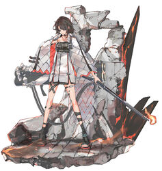  absurdres alternate_costume ankle_strap arknights bad_id bad_pixiv_id black_choker black_footwear black_hair blue_eyes bracelet breasts broken_wall choker cloak commentary cosplay crossover dress female fire flamethrower full_body gas_tank highres hololive ifrit_(arknights) ifrit_(arknights)_(cosplay) jewelry looking_at_viewer material_growth medium_breasts multicolored_hair nail_polish off-shoulder_dress off_shoulder oozora_subaru orange_nails oripathy_lesion_(arknights) parted_lips red_hair ruins sandals short_dress short_hair silver_dress simple_background solo standing streaked_hair striped_clothes striped_dress thighs toenail_polish toenails tsumeki two-tone_hair virtual_youtuber weapon white_background 