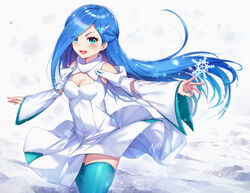  absurdres bare_shoulders blue_eyes blue_hair blush breasts cleavage commentary_request copyright_request diya_(xing_you_ji) dress female green_thighhighs hair_over_one_eye has_bad_revision has_downscaled_revision highres long_hair long_sleeves looking_at_viewer md5_mismatch open_mouth resolution_mismatch small_breasts smile snow solo source_smaller taro_(ultrataro) teeth thighhighs upper_teeth_only very_long_hair white_dress wide_sleeves xing_you_ji 