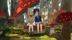  2girls :| absurdres animal_ear_fluff animal_ears animal_on_shoulder ankle_boots bare_legs basket blue_dress blue_footwear blue_hair blush boots brown_footwear bus_stop closed_eyes closed_mouth commentary dress facing_viewer forest fox full_body giant_mushroom grass green_eyes grey_hair hair_ornament hairclip hands_on_lap head_on_another&#039;s_shoulder highres looking_to_the_side mary_janes multiple_girls mushroom mushroom_on_head nature on_mushroom original outdoors road_sign scenery sen_(sennosenn1127) shoes short_hair shorts side-by-side sideways_glance sign sitting sitting_on_mushroom socks tree white_dress white_legwear yuri 