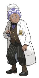  1boy :&lt; absurdres artist_request black_bow black_bowtie black_pants bow bowtie brown_footwear brown_vest buttons closed_mouth coat dark-skinned_male dark_skin facial_hair full_body hand_up hat highres lab_coat laventon_(pokemon) male_focus official_art open_clothes open_coat outline pants pinstripe_pattern pocket pointing pointing_at_viewer pokemon pokemon_legends:_arceus purple_eyes purple_hat purple_shirt shirt shoes simple_background solo standing striped transparent_background vest white_coat white_outline 