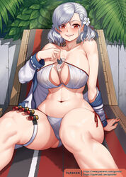  asymmetrical_bangs bare_shoulders between_breasts bikini blush bottle breasts brown_eyes cleavage commentary female flower girls&#039;_frontline gonster grey_hair grin hair_flower hair_ornament highres large_breasts looking_at_viewer navel off_shoulder official_alternate_costume shotgun_shell side-tie_bikini_bottom sitting smile solo spas-12_(girls&#039;_frontline) spas-12_(midsummer_fruit)_(girls&#039;_frontline) sunbathing swept_bangs swimsuit thighs unworn_sweater white_bikini 