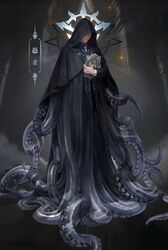  1boy arrodes_(lord_of_the_mysteries) black_cloak chair chinese_commentary chinese_text cloak commentary_request hidden_eyes highres holding holding_mirror ke_shi_wo_bu_hui_hua_hua klein_moretti lord_of_the_mysteries male_focus mirror official_art pillar robe smile symbol symbolism table tentacle tentacles_under_clothes translation_request 