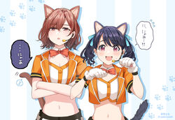  2girls animal_ears animal_hands black_hair blue_ribbon brown_hair commentary_request crossed_arms fake_animal_ears fangs fukumaru_koito gloves hair_ribbon headset highres higuchi_madoka idolmaster idolmaster_shiny_colors looking_at_viewer midriff mole mole_under_eye multiple_girls navel paw_gloves paw_pose purple_eyes ribbon short_hair short_sleeves skin_fangs soramame_tomu sweatdrop swept_bangs tail translated twintails 