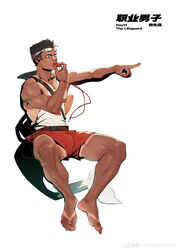  1boy absurdres bara barefoot bulge dark-skinned_male dark_skin dragonpie feet fins fish_boy fish_tail frown full_body goggles goggles_on_head highres invisible_chair large_pectorals lifeguard male_focus male_swimwear mature_male muscular muscular_male original pectoral_cleavage pectorals pointing pointing_forward pointy_ears red_male_swimwear short_hair sitting solo spread_legs swim_trunks tail tan tanlines thick_eyebrows thick_thighs thighs toes white_background 