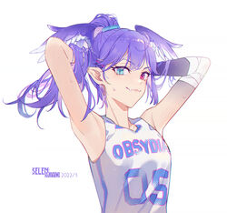  alternate_costume arms_behind_head bandaged_arm bandages bangs basketball_jersey blue_eyes breasts chinese_commentary collarbone dated eyebrows_visible_through_hair fang_out female hair_behind_ear head_wings heterochromia kistina medium_breasts nijisanji nijisanji_en oerba_yun_fang pointy_ears ponytail purple_eyes purple_hair selen_tatsuki skin_fang smile solo virtual_youtuber 