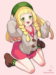  :d beret blonde_hair blunt_bangs blush boots braid brown_footwear buttons cable_knit cardigan collared_dress commentary_request cosplay dress eyelashes female full_body gloria_(pokemon) gloria_(pokemon)_(cosplay) green_eyes green_hat green_socks grey_cardigan hat highres hooded_cardigan kinocopro lillie_(pokemon) long_hair open_mouth pink_dress plaid_socks pokemon pokemon_sm pokemon_swsh sleeves_past_wrists smile socks solo teeth tongue twin_braids twitter_username upper_teeth_only watermark 