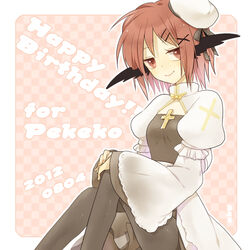  arch_bishop_(ragnarok_online) ark_kan black_dress black_pantyhose black_wings border closed_mouth commentary_request dress feet_out_of_frame female hair_ornament hairpin hat head_wings juliet_sleeves long_sleeves looking_at_viewer outside_border pantyhose puffy_sleeves ragnarok_online red_eyes red_hair sailor_hat shiny_skin short_hair sitting smile solo white_border white_dress white_hat wings x_hair_ornament 