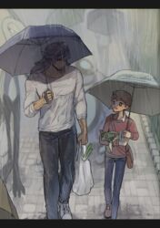  2boys age_difference bag commentary_request dark-skinned_male dark_skin denim dreepy holding holding_umbrella jeans leon_(pokemon) looking_at_another male_focus mmm3sushi multiple_boys muscular muscular_male onii-shota outdoors pants pokemon pokemon_(creature) pokemon_swsh rain shopping_bag short_hair umbrella victor_(pokemon) walking yaoi 