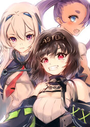  3girls absurdres azur_lane black_hair blue_eyes bluegill_(azur_lane) breasts casablanca_(azur_lane) commentary cooper_(azur_lane) hachimaki headband headgear highres long_hair multiple_girls o-ring oerba_yun_fang ponytail purple_eyes purple_hair red_eyes shika_(shika0) short_eyebrows short_hair small_breasts smile tan white_hair 