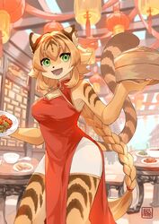  anthro black_body black_fur black_hair clothed clothing countershading felid female fingers food fur green_eyes hair hi_res holding_object inner_ear_fluff kawarage_yatano long_hair looking_at_viewer mammal minmei_(kawarage_yatano) open_mouth orange_body orange_fur orange_hair pantherine smile solo tiger tuft 