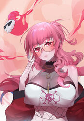  absurdres adjusting_eyewear bad_id bad_pixiv_id breasts crop_top death-sensei_(mori_calliope) eevol female finger_to_eyewear glasses halterneck head_tilt highres hololive hololive_english jacket large_breasts long_hair mori_calliope mori_calliope_(streetwear) off_shoulder official_alternate_costume pink_eyes pink_hair ponytail red_jacket round_eyewear solo sunglasses tinted_eyewear virtual_youtuber 