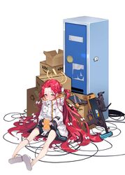  absurdres blue_archive blush box cable cardboard_box female forehead full_body game_console grenade_launcher halo highres korean_commentary locker looking_at_viewer purple_eyes school_uniform sitting solo toombo12 weapon white_background yuzu_(blue_archive) 