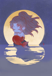  1boy amore1989 arm_support bad_id bad_pixiv_id brown_hair chibi closed_eyes colored_tips earrings facial_mark fins floating_hair flute full_moon holding holding_instrument instrument jewelry kimetsu_no_yaiba long_hair male_focus merman monster_boy monsterification moon multicolored_hair music nude playing_instrument ponytail red_hair reflection shadow sitting sky solo star_(sky) starry_sky streaked_hair tsugikuni_yoriichi water 