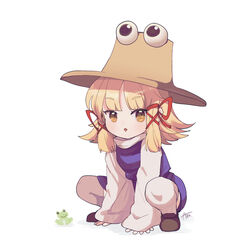  azu_(kirara310) blonde_hair brown_footwear brown_headwear commentary female frog full_body highres looking_at_viewer moriya_suwako open_mouth purple_skirt purple_vest shirt short_eyebrows short_hair sidelocks signature simple_background sitting skirt squatting touhou turtleneck vest white_background white_shirt wide_sleeves yellow_eyes 