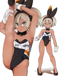  adapted_costume armpits bare_legs bea_(pokemon) black_leotard blonde_hair bow_hairband breasts cleavage clenched_hands closed_mouth commentary_request covered_abs dark_skin detached_collar eyelashes female frown garoudo_(kadouhan&#039;i) gloves grey_eyes hair_between_eyes hairband high_heels leg_hold leotard looking_at_viewer multiple_views playboy_bunny pokemon pokemon_swsh short_hair split standing standing_on_one_leg standing_split steam sweat white_gloves 