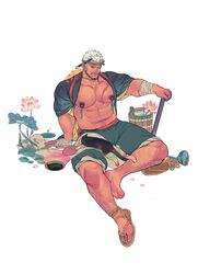  1boy absurdres affectionate animal_on_lap artist_painter bandaged_arm bandages bara bare_pectorals barefoot belly bucket bulge cat_on_lap chest_hair facial_hair fat_rolls feet feline from_above full_body goatee hachimaki headband highres kuroshima_kurishiro_(muyi24108414) large_pectorals leg_hair long_sideburns male_focus muscular muscular_male mustache_stubble navel navel_hair nipple_piercing nipple_rings nipples on_lap original paint_splatter paintbrush pants pants_rolled_up pectorals piercing plump rope sandals scar scar_on_chest seductive_smile short_hair sideburns sitting smile soles solo spread_legs stomach strongman_waist stubble thick_eyebrows thick_thighs thighs toes white_background 