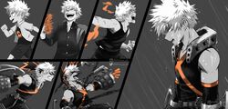  1boy age_progression artist_name athena_av backpack bag bakugou_katsuki bare_shoulders belt black_shirt blood blood_from_mouth boku_no_hero_academia clenched_hand clenched_teeth commentary english_commentary explosion eye_mask from_side gakuran grey_background highres instagram_username lolicon looking_to_the_side lower_teeth_only male_focus multiple_views open_clothes open_mouth open_shirt orange_eyes pants print_shirt rain running school_uniform shirt short_hair shorts simple_background smile spiked_hair spot_color standing tank_top teeth twitter_username upper_teeth_only water wet_face 