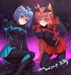  2girls alternate_costume arya_nadi bad_end_beauty bad_end_beauty_(cosplay) bad_end_precure bad_end_sunny bad_end_sunny_(cosplay) black_bodysuit blue_eyes blue_hair bodysuit breasts chest_jewel commission cosplay covered_navel highres jishoochihei_sensen_aditiya long_hair looking_at_viewer medium_breasts mithra_(dies_irae) multiple_girls okina_(805197) precure red_eyes red_hair shaded_face shinza_bansho_series short_hair skeb_commission skin_tight skirt small_breasts smile_precure unofficial_precure_costume very_long_hair 