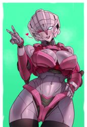  absurdres arcee autobot breasts cleavage female hand_on_own_hip hand_up heart highres large_breasts looking_at_viewer mecha navel one_eye_closed pink_lips robot robot_girl science_fiction solo spoken_heart transformers transformers:_generation_1 unusualpie v 